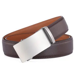 Men's premium brown leather belt with automatic alloy buckle and textured pattern strap