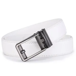 Detail of white leather belt with double stitching and dark grey automatic slide buckle