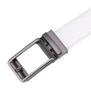Close-up of white leather belt with gunmetal automatic buckle and fine stitching