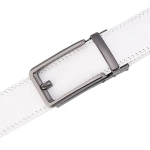 Close-up of white leather belt with dark gunmetal automatic buckle and brushed finish