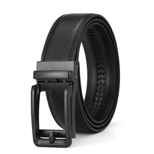 Detail of black leather belt showing metal automatic buckle and precision stitching
