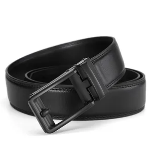 Close-up of black leather belt with matte metal automatic buckle on white background