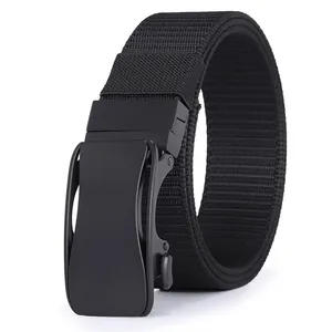 Detail view of black nylon canvas belt with a matte black automatic metal buckle