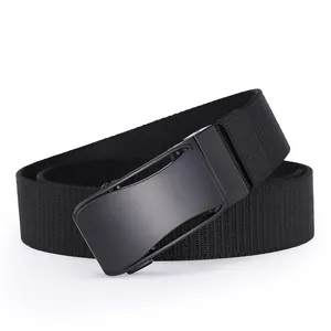 Detail of black tactical nylon canvas belt with matte metal automatic buckle