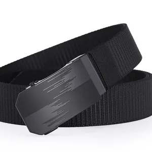 Close-up of black high-density nylon woven belt and matte metal automatic buckle