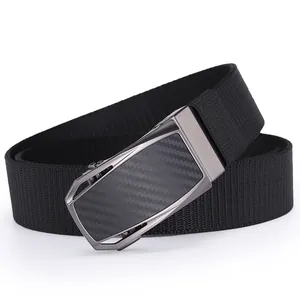 Close-up of men's nylon belt with carbon fiber texture automatic metal buckle