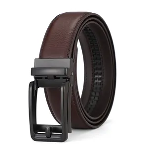 Detail of dark brown leather belt with automatic buckle and inner rack structure