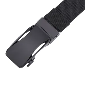 Detail of matte black metal automatic buckle and durable black woven canvas belt texture