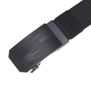 Close-up of black matte alloy automatic buckle and high-density woven nylon tactical belt