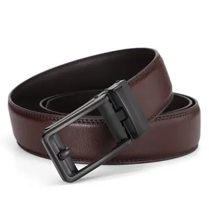 Detail of dark brown leather belt with black metal automatic buckle and textured strap