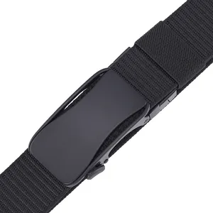 Macro detail of high-density nylon tactical belt with matte black automatic metal buckle