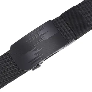 Macro detail of men's tactical canvas belt showing matte black buckle and nylon texture