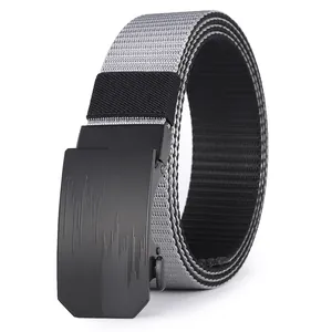 Men's gray and black nylon tactical belt with textured metal automatic buckle