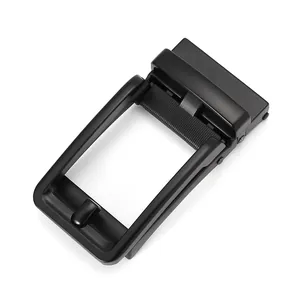 Close-up of a matte black automatic buckle for men's leather belts with ratchet mechanism