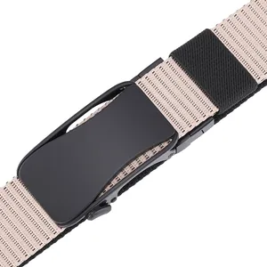 Close-up of matte black metal buckle and durable khaki woven canvas tactical belt detail