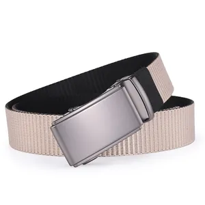 Detail showing the matte gray alloy buckle and two-tone khaki nylon woven strap