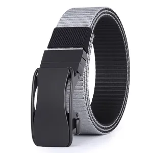 Detail of gray woven nylon tactical belt with matte black automatic metal buckle