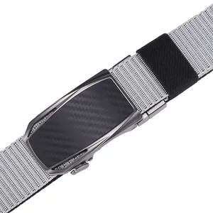 Detail of grey nylon woven belt with carbon fiber texture automatic metal buckle