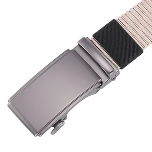 Close-up of matte grey automatic buckle and beige black nylon woven canvas belt