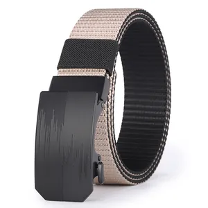 Men's nylon canvas belt with black automatic buckle and beige double-sided weave strap
