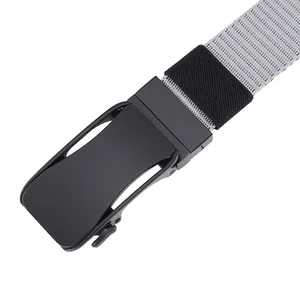 Detail of matte black metal automatic buckle and gray nylon woven fabric belt strap