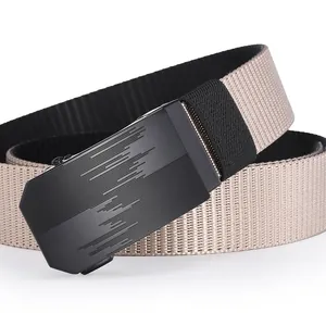 Detail of khaki nylon web belt with matte black automatic slide buckle and texture