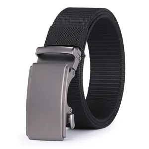 Men's black nylon canvas belt with a matte grey automatic buckle in a 45-degree view