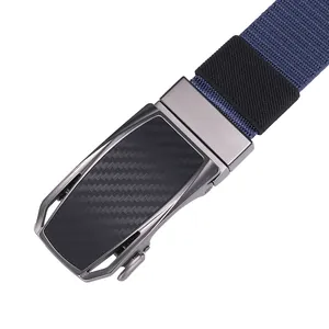 Close-up of carbon fiber buckle and navy blue nylon woven belt for men business casual