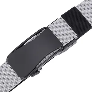 Tactical nylon belt featuring a matte black automatic buckle and grey woven strap design