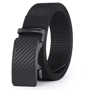 Detail view of nylon belt with automatic carbon fiber texture buckle and woven texture