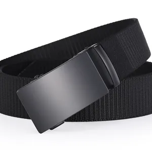 Detail of black tactical nylon belt featuring a matte alloy automatic buckle and weave texture