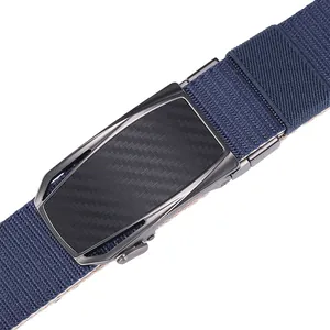 Detail of blue nylon tactical belt with carbon fiber texture automatic buckle