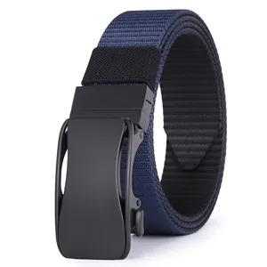 Men's navy blue nylon canvas tactical belt with matte black automatic buckle on white background