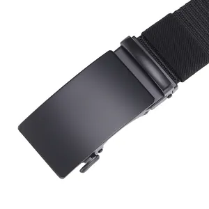 Detail of matte black alloy automatic buckle on high-density nylon woven tactical belt