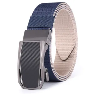 Detail of navy blue nylon belt with carbon fiber texture automatic metal buckle
