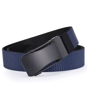 Detail of navy blue nylon woven belt with matte black automatic slide buckle for men