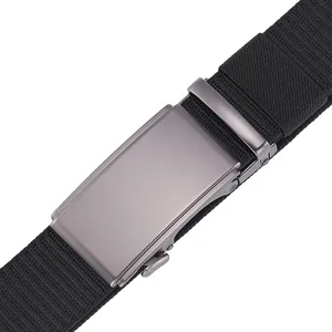 Close-up of matte dark gray automatic buckle on black high-density nylon woven belt