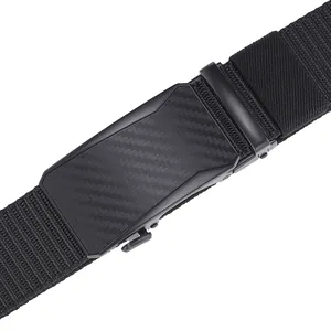 Close-up of black tactical nylon belt with automatic matte buckle and carbon fiber inlay