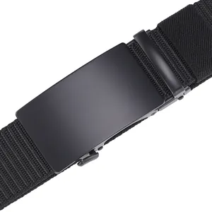 Close-up of black tactical nylon belt featuring a matte finish metal buckle and woven texture