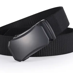 Detailed close-up of tactical nylon web belt with matte black metal automatic buckle