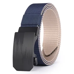 Men's navy blue tactical nylon belt with automatic black metal buckle on white background
