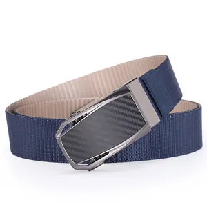 Men's navy and beige woven nylon belt with carbon fiber texture automatic metal buckle