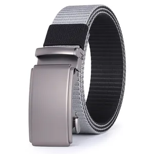 Men's casual grey nylon canvas belt with matte grey automatic buckle on white background