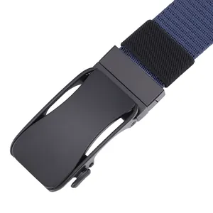 Detail of navy blue nylon woven belt featuring a matte black automatic metal slide buckle