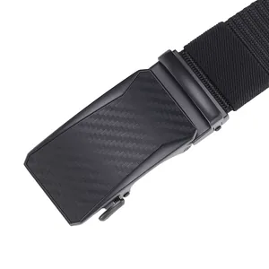 Detail of men's automatic buckle belt featuring carbon fiber texture and durable nylon strap