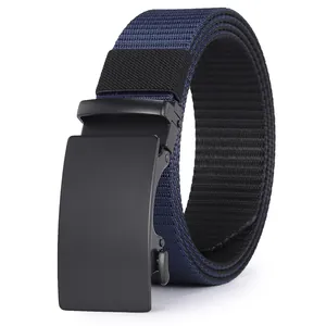 Detailed view of high-density navy blue nylon tactical belt with black matte alloy buckle