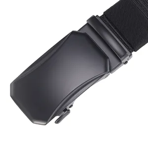 Close-up of matte black automatic belt buckle and durable woven nylon strap detail