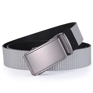 Detailed macro view of dual-layer nylon web belt with matte gun-grey automatic buckle