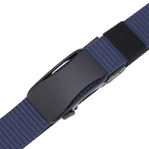 Detailed close-up of dark blue nylon woven belt with matte black metal automatic buckle