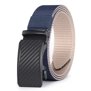 Men's navy blue woven canvas belt with a carbon fiber textured automatic buckle